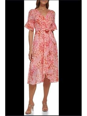 DKNY NWT Pink Floral V Neck Chiffon Faux Wrap Dress Belted Midi Dress. US 2 $128